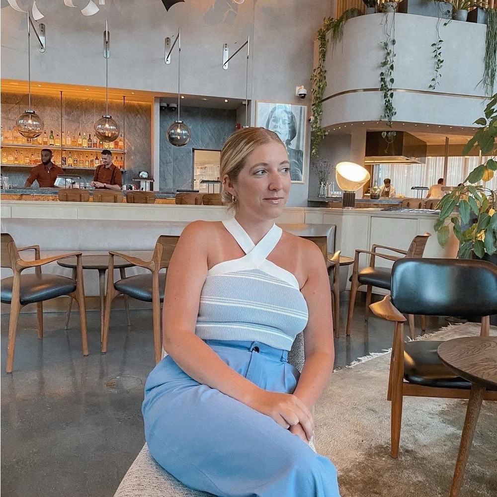 Aritzia Sculpt Knit Criss Cross Blue and White Striped Cropped Tank